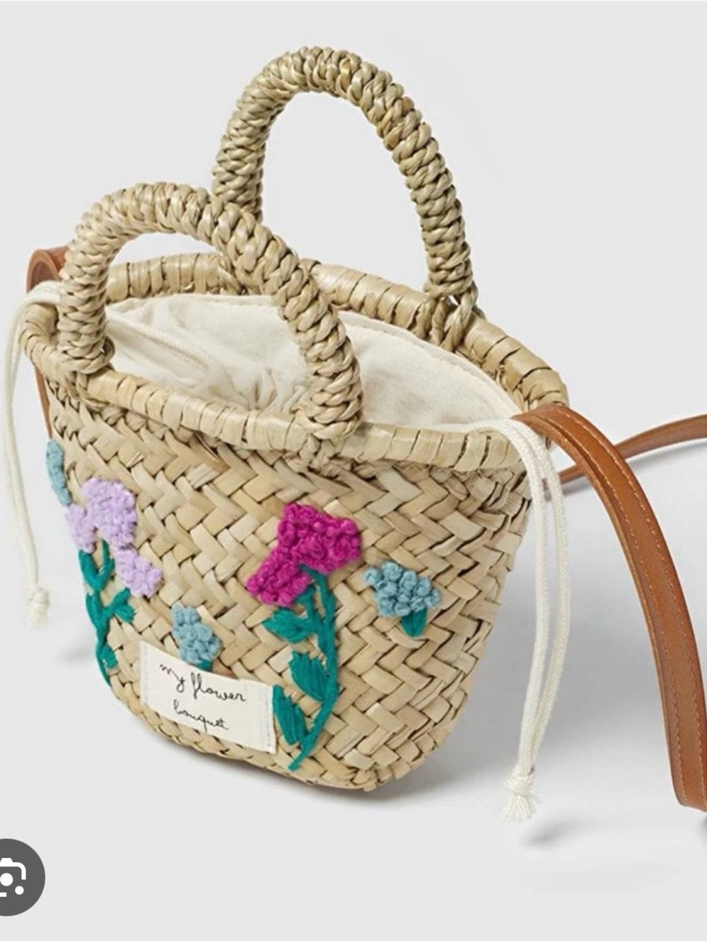 Zara Natural Straw Mini Tote with Pink, Purple and Blue Floral Embroidery